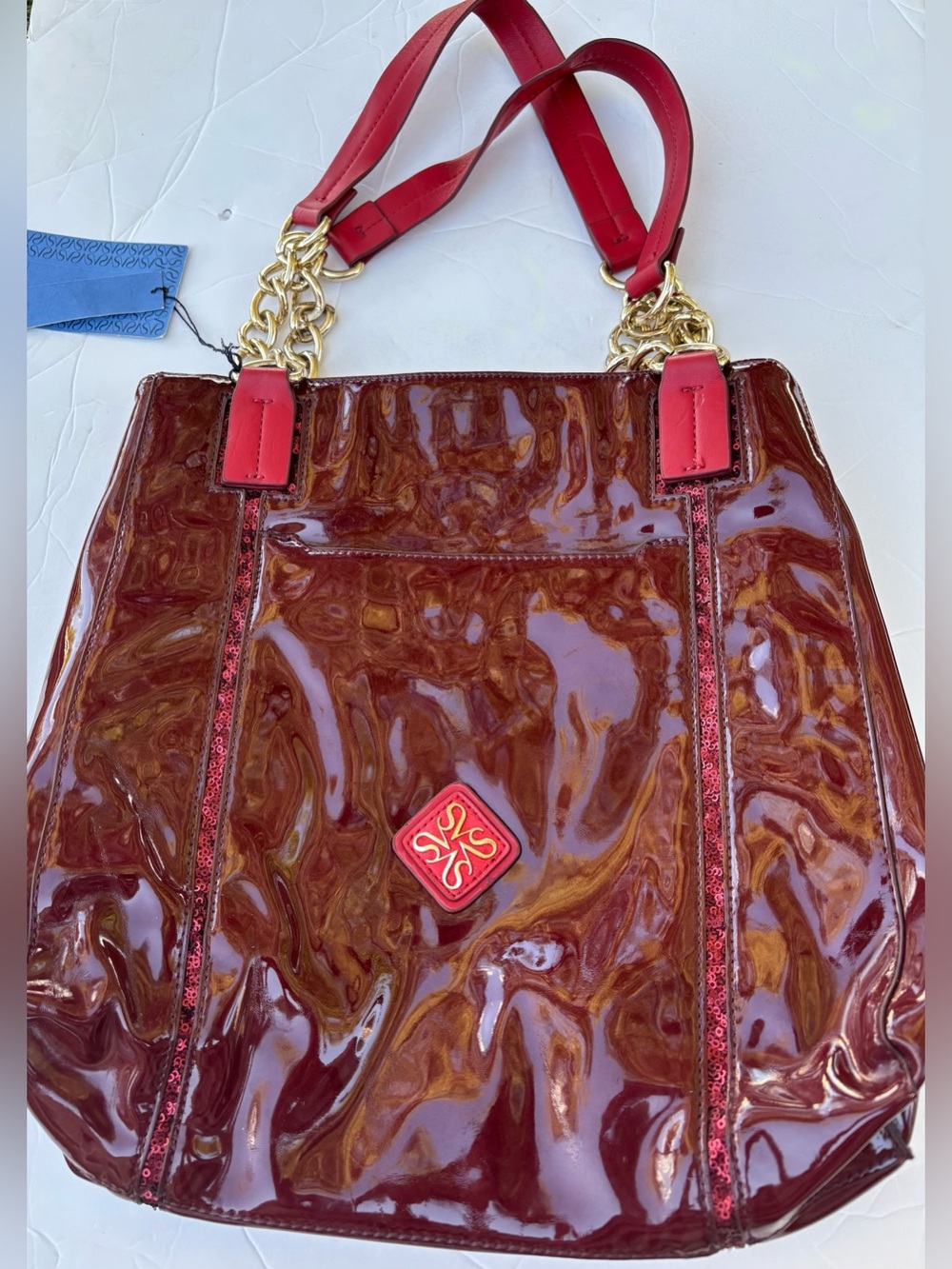 Simply Vera Vera Wang Brown and Red Shoulder Bag with Gold Chain Accents